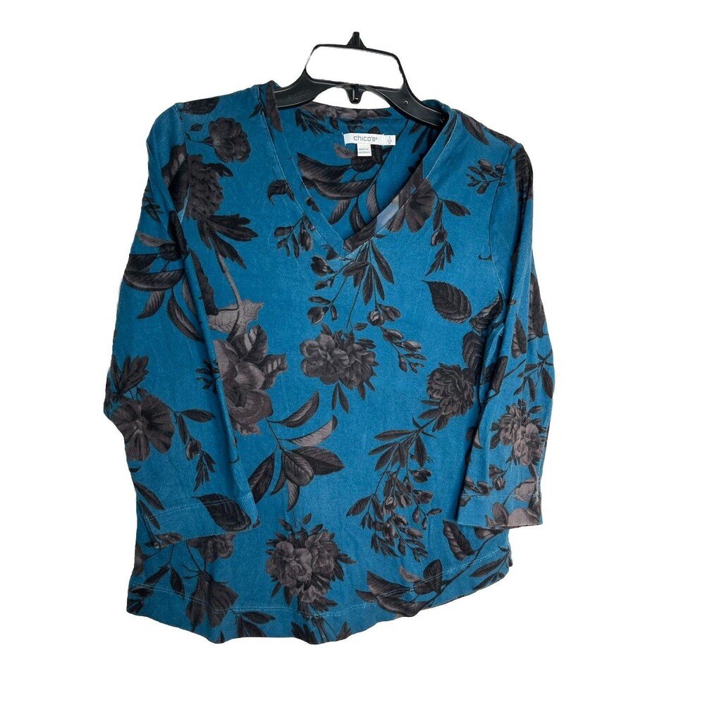 Chicos Floral Victorian Blue 3/4 Sleeve   Regency 1 Top M 6 8